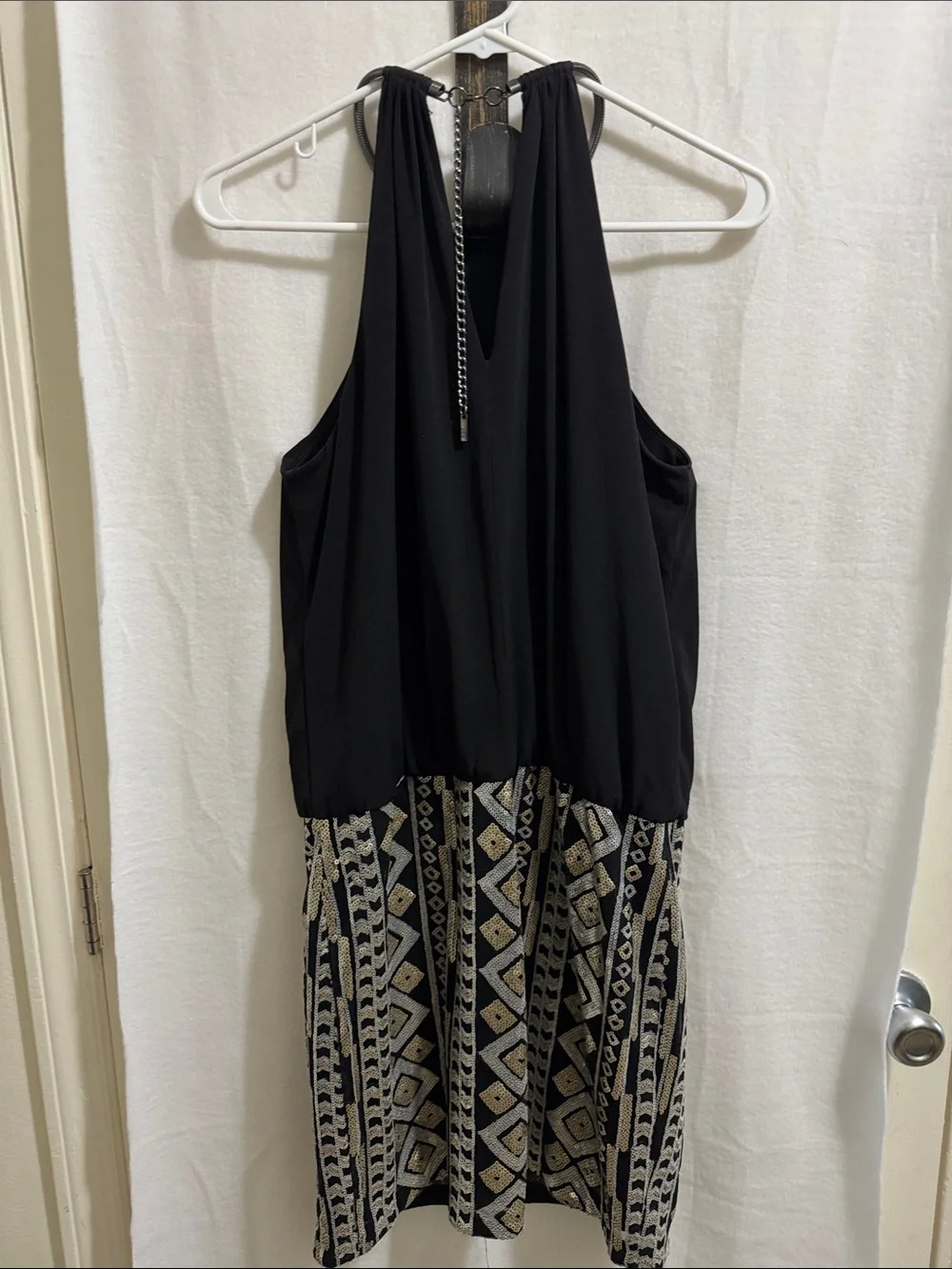 Jessica Simpson Black Halter Dress with Gold & Cream Beaded Skirt